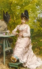 Oil painting kaemmerer - an interesting story young lady in landscape on canvas