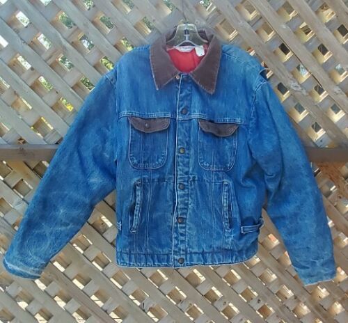Vtg Key Imperial Sz 44 Jean Denim Trucker Jacket Red Quilt Lined Distressed - Picture 3 of 21