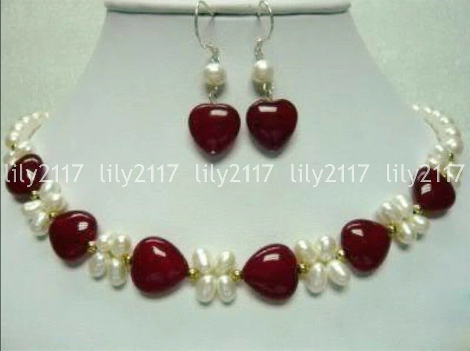 Conjunto de aretes collar gemas jade rojo corazón perlas cultivadas blancas naturales de 7-8 mm Foto 3 de 3