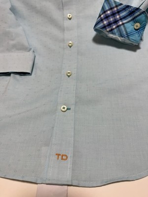 Thomas Dean Boys Print Long turn up Sleeve option Button Shirt Light Blue Sz 8