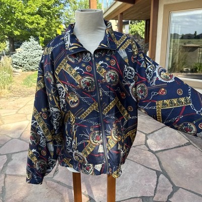 Vintage EVR Div Russo 100% Silk Bomber Jacket Red/Black/Gold Baroque Chain Print