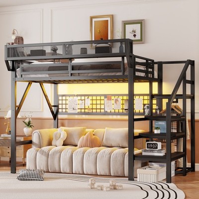 Full Size Loft Bed with Stairs, Metal Full Loft Bed with Light and Storage