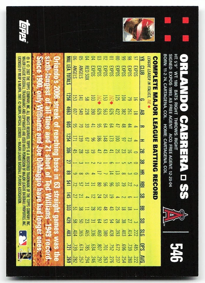🔥 2007 Topps #546 Orlando Cabrera - Image 2 of 2