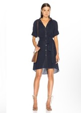 Dark Blue Denim Shirt Dress Collared Button Down Tie Belt Pockets Knee Length