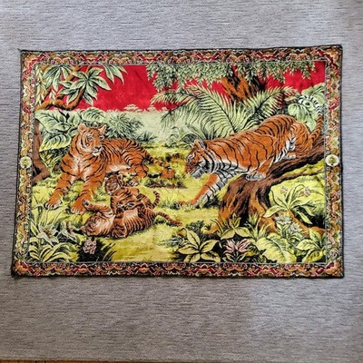Vintage Tigers & Cubs Safari Jungle Rug Wall Hanging Decor 39.5''x56 Unbranded 