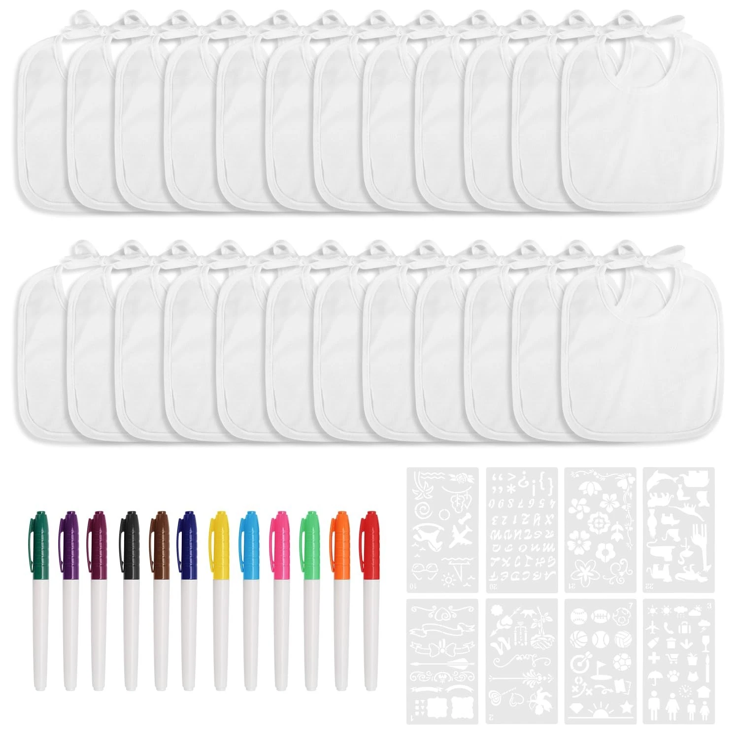 PEUTIER DIY Baby Bib Decorating Kit, 24 White Bibs, Markers, Stencils, Cotton,