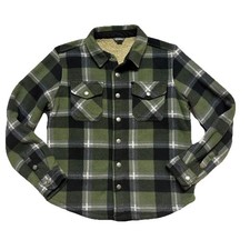 Eddie Bauer Jacket Boys 10/12 Green Plaid Sherpa Fleece Lined Outdoor Cabincore