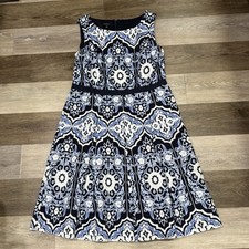 Talbots Sleeveless Dress Women’s Sz 12 Pleated Fit & Flare Blue Geometric Lined