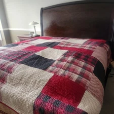 Vintage WOOLRICH Quilt King Patchwork 3pc Red Black Bedding Shams 108x92 Cabin 