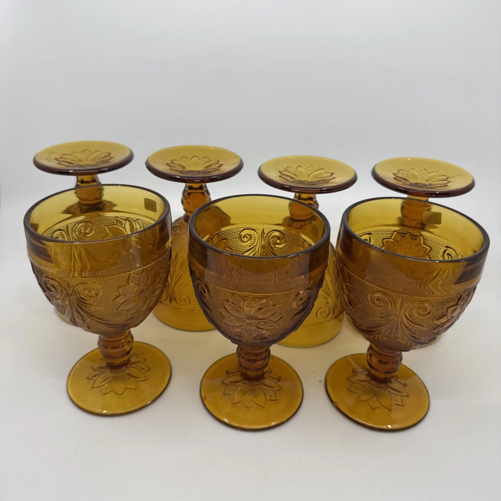 Indiana Glass Water Goblet Set Sandwich Pattern Amber Glass 5.5" Tall 7 Piece
