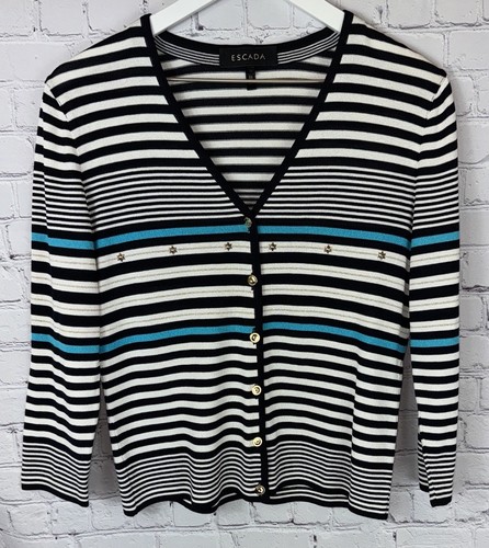 Escada, ESCADA Vintage 90's Striped Rayon Knit Striped Cardigan Size 36/Small Black Blue