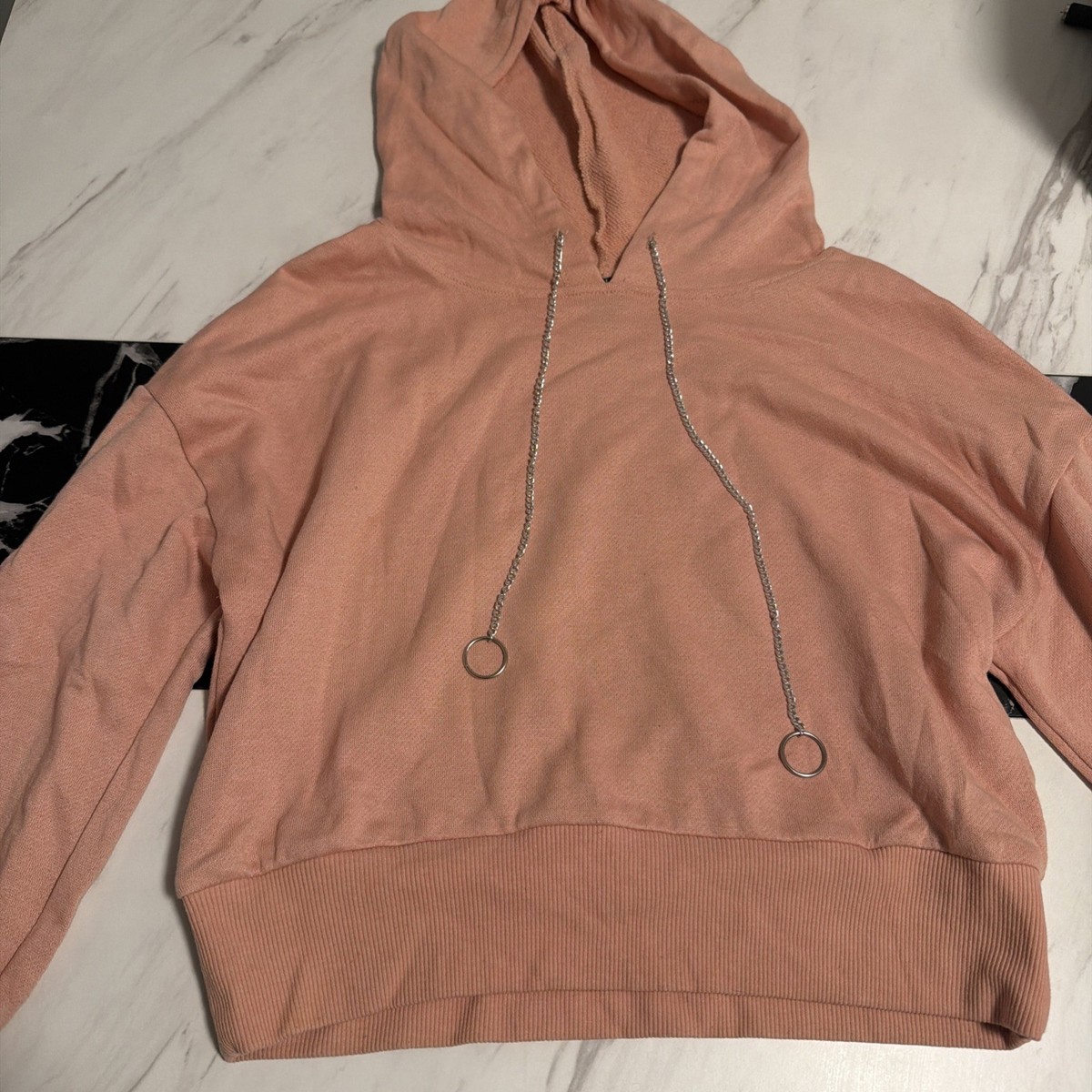 Wild Fable Pink Cropped Hoodie Long Sleeves With Chain Strings Attached Size M