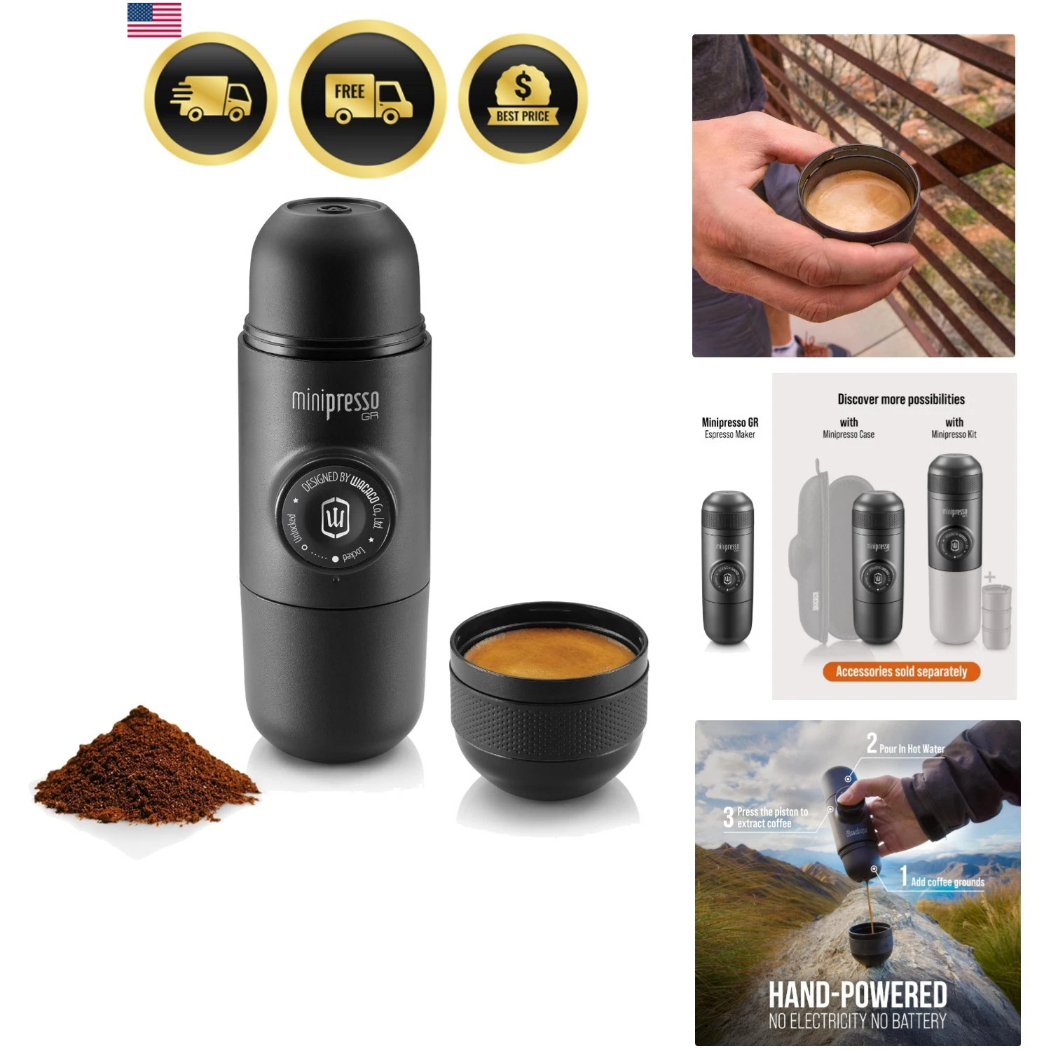 Minipresso GR, Portable Espresso Machine, Compatible Ground Coffee, Hand Coff...