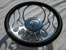 14" Chrome Billet & Leather Flames Fire Steering Wheel w/ Adapter & Horn Button