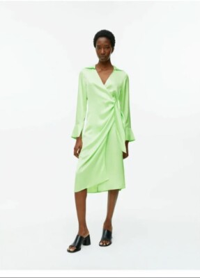 Arket Womens Lime Green Satin Tie Belt Wrap Midi Dress Size UK