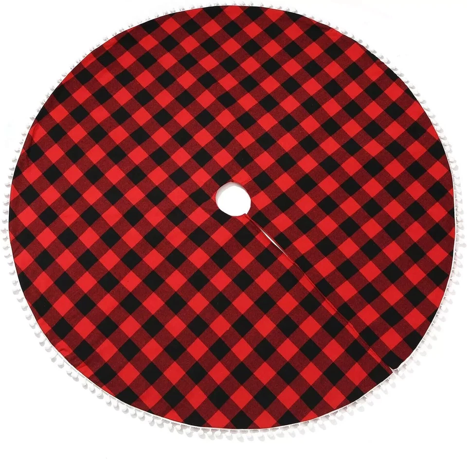 Falda Árbol de Navidad 48 pulgadas Redonda Búfalo Cuadros con Pompones Blancos Decoraciones Foto 3 de 4