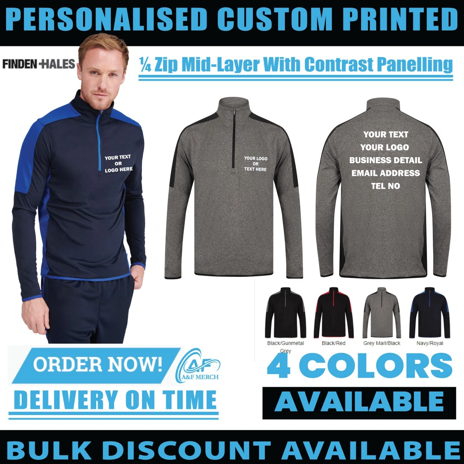 Personalised Custom Finden & Hales Contrast Panels Zip Neck MidLayer Top LV571