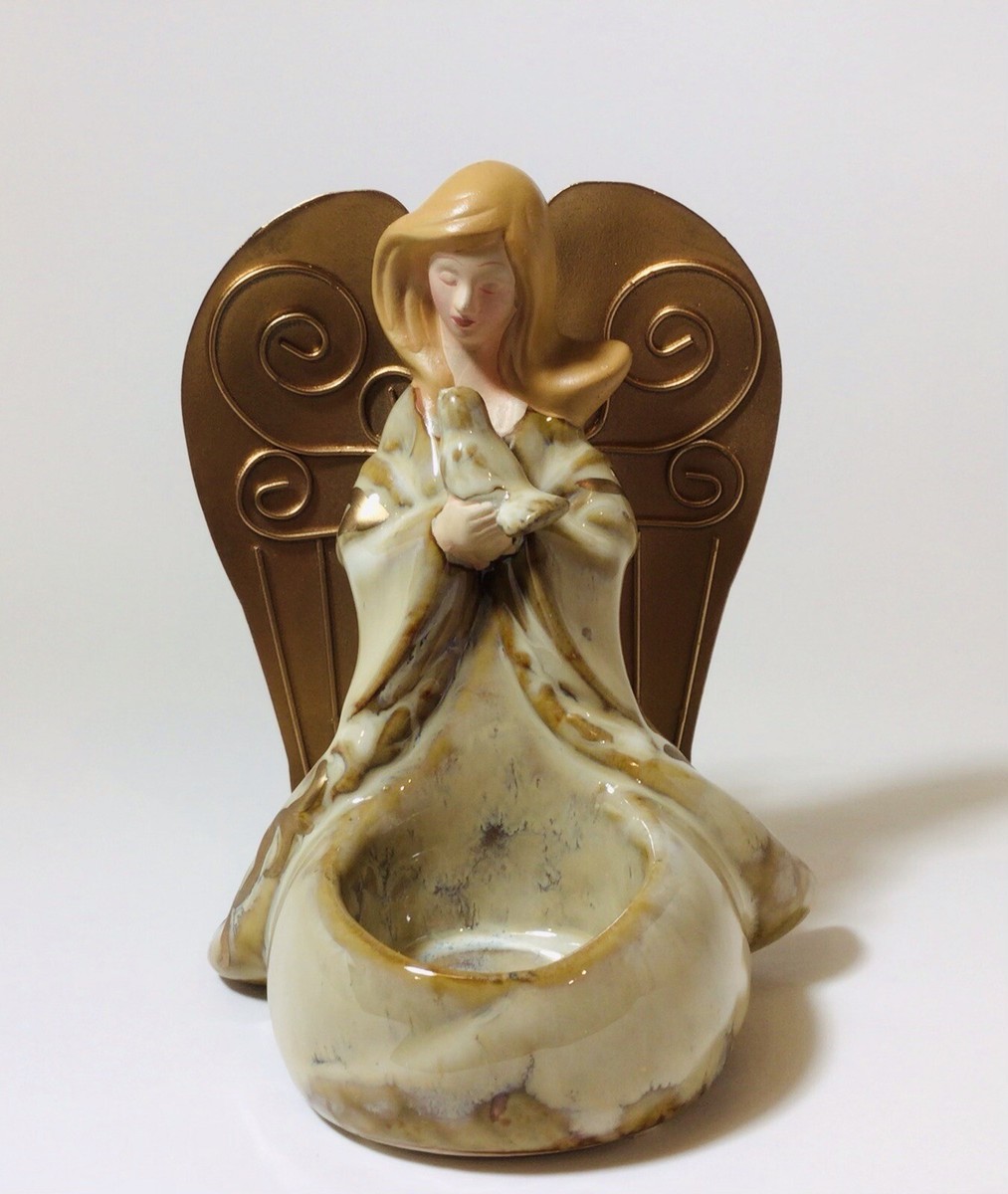 Yankee Candle Ceramic Angel w/Gold Wings & Dove Bird TeaLight Votive Holder