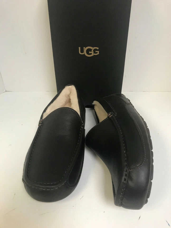 UGG Ascot Dark Spice Leather Sheepskin Lined Slippers - Image 3 of 4