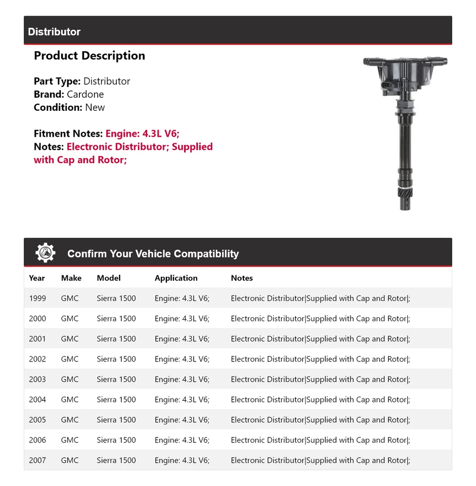 Para GMC Sierra 1500 1999-2007 4,3 L V6 Distribuidor Cardone 2000 2001 2002 2003 Foto 2 de 4