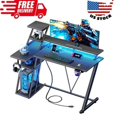 40 Inch Gaming Desk with LED Lights & Power Outlet, Small Gaming Computer Desk