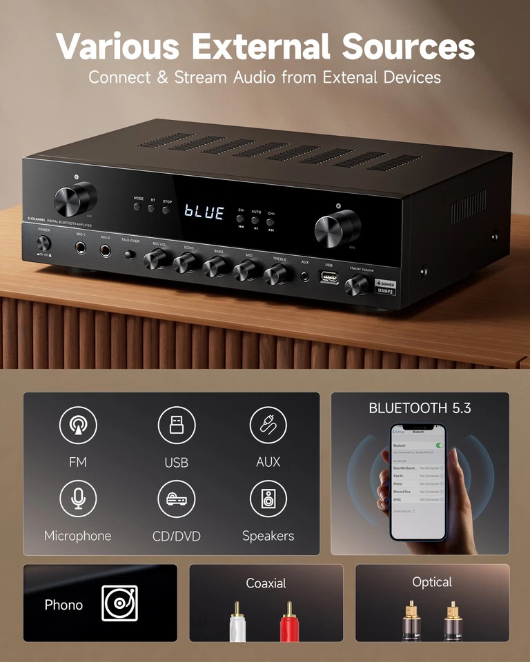 Donner MAMP2 Stereo Audio Amplifier 600W Peak for Home Karaoke Theater Speakers - Image 4 of 4