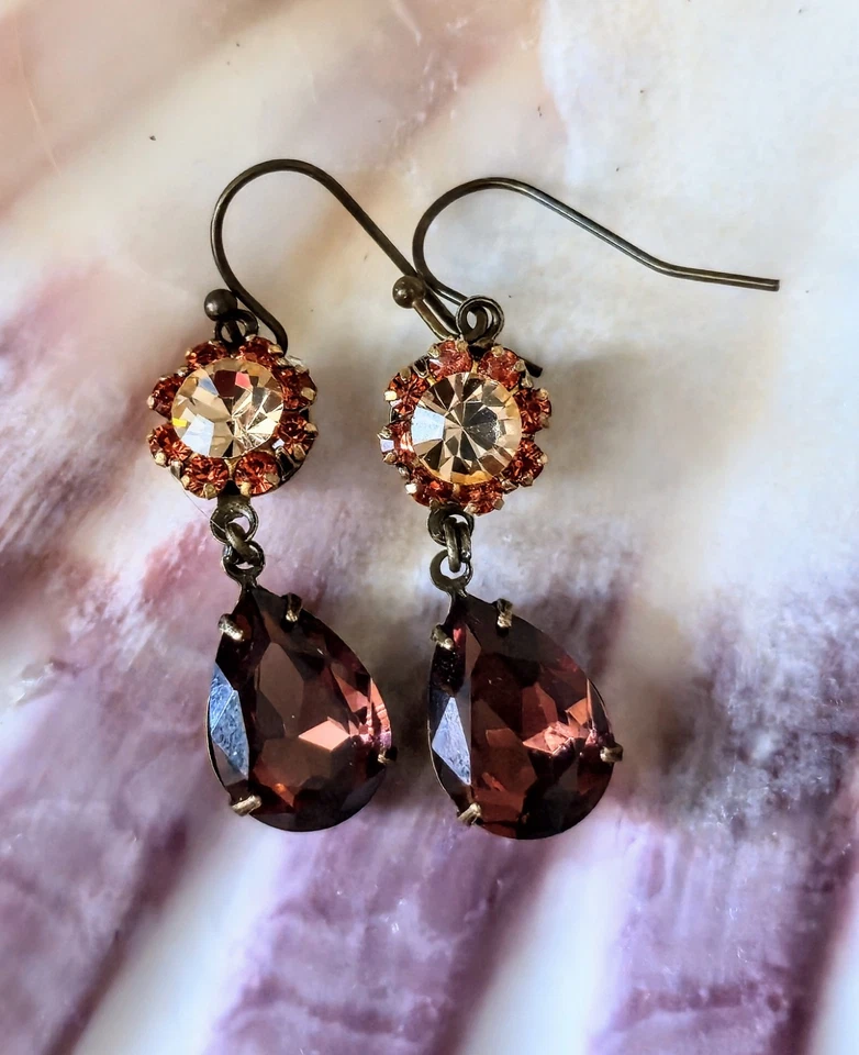 Victorian Autumn Burgundy Swarovski Elements Flower Crystals In Brass Earrings - Image 2 of 4