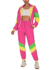Women's Color Block 2 Piece 80s 90s Outfits Long Sleeve Windbreaker Large Pink