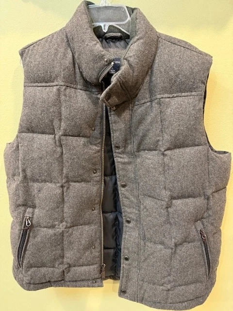 Lands End Puffer Vest Large Gray Wool Blend Down Filled Full Zip Snap