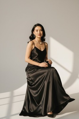 Shona Joy La Lune Black Satin Maxi Dress Womens US 6 Slip Column NWT $480
