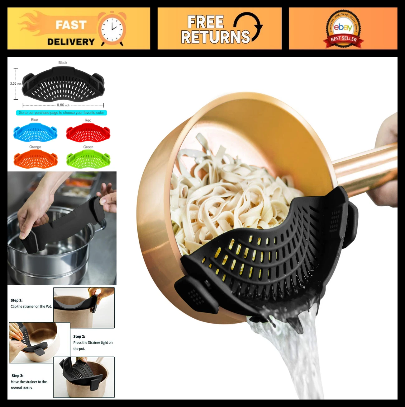 Silicone Clip-On Strainer for Pots & Pans, Pasta & Food Colander for Meat & Vegg