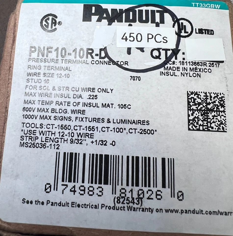 Panduit PNF10-10R-D Crimp Ring Terminal 12-10AWG #10 Stud Size Yellow 450 Each - Image 2 of 3