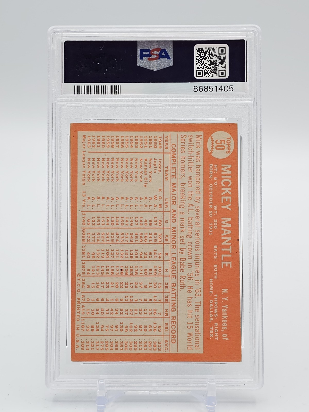 MICKEY MANTLE 1964 TOPPS BASEBALL #50 NEW YORK YANKEES PSA 4 Q4374 view 2