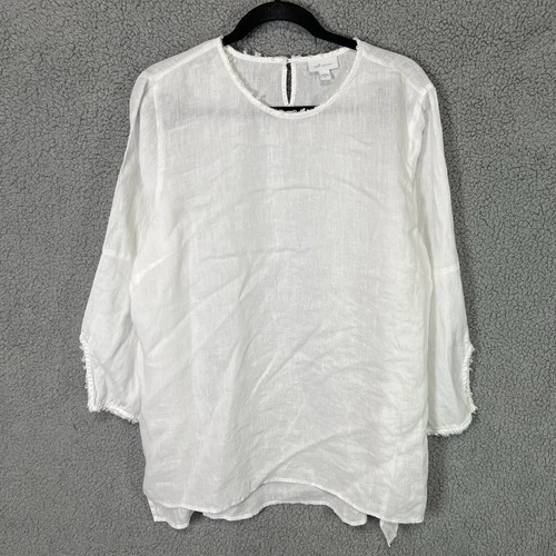 J Jill Love Linen Tunic Top Womens XL White Bell Sleeve Raw Fringe Beach Coastal