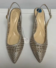 NWOB JESSICA SIMPSON 6.5 LIGHT GOLD BRAIDED POINTY TOE SLINGBACK HEELS SHOES
