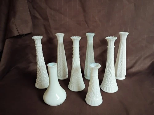 Lot of 6 Vintage Anchor Hocking Stars & Bars Milk Glass Bud Vases - Wedding