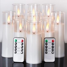 Set of 9 Acrylic Flameless LED Pillar Candles 3D Wick, Remote  Timer, White