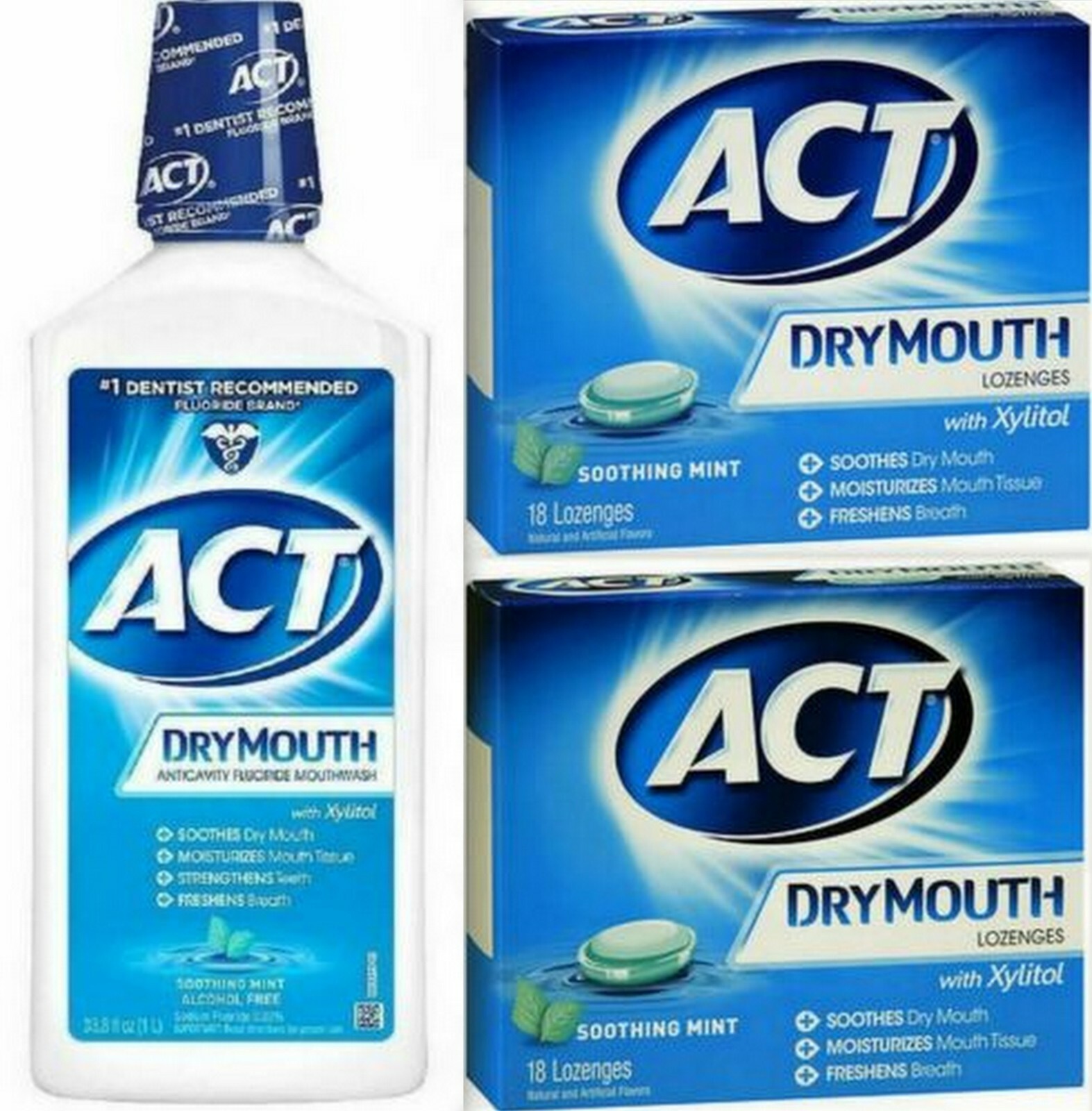 ACT DRY MOUTH Fluoride Rinse 18oz & 2 Boxes ACT Lozenges w/ Xylitol