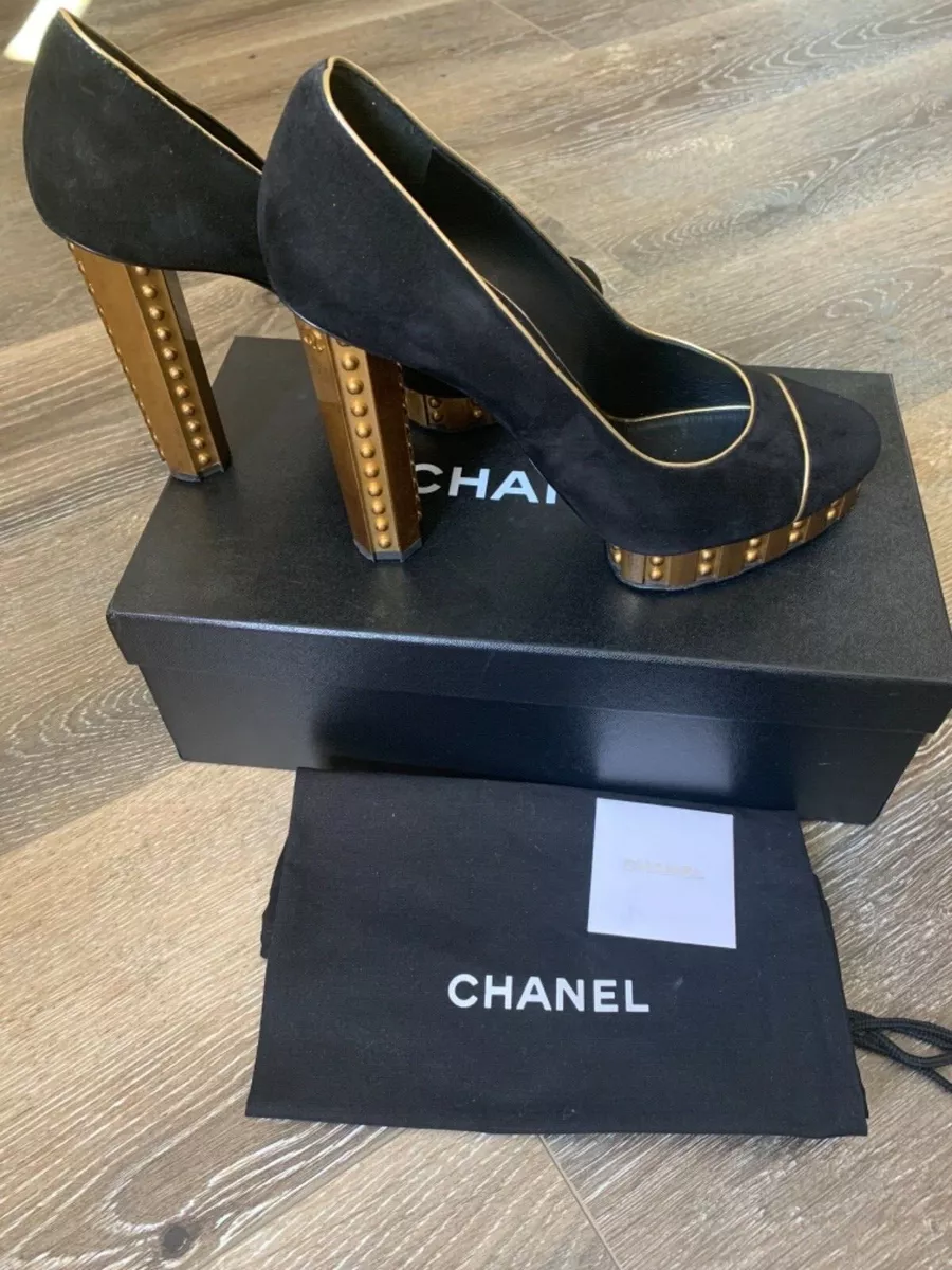 Chanel 41 Black gold suede leather shoes heels US 10