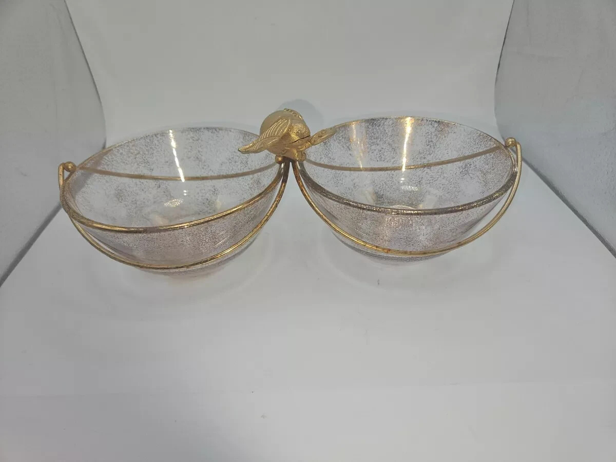 MCM Briard Glass Gold Pear Appetizer Condiment Set with 2 Bowls