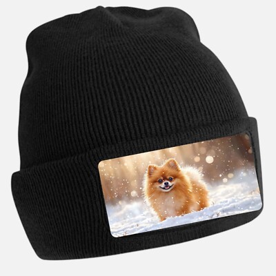 Black Beanie Hat with Cool Pomeranian Motif - Unisex Cap, Cotton