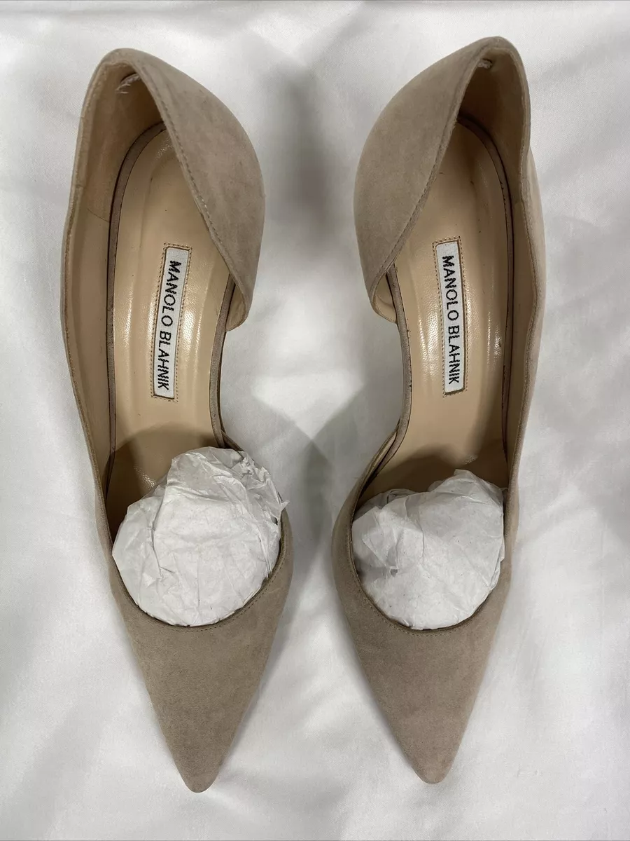 Authentic Manolo Blahnik Taupe Suede D orsay Kitten Heel Pumps Sz 39.5