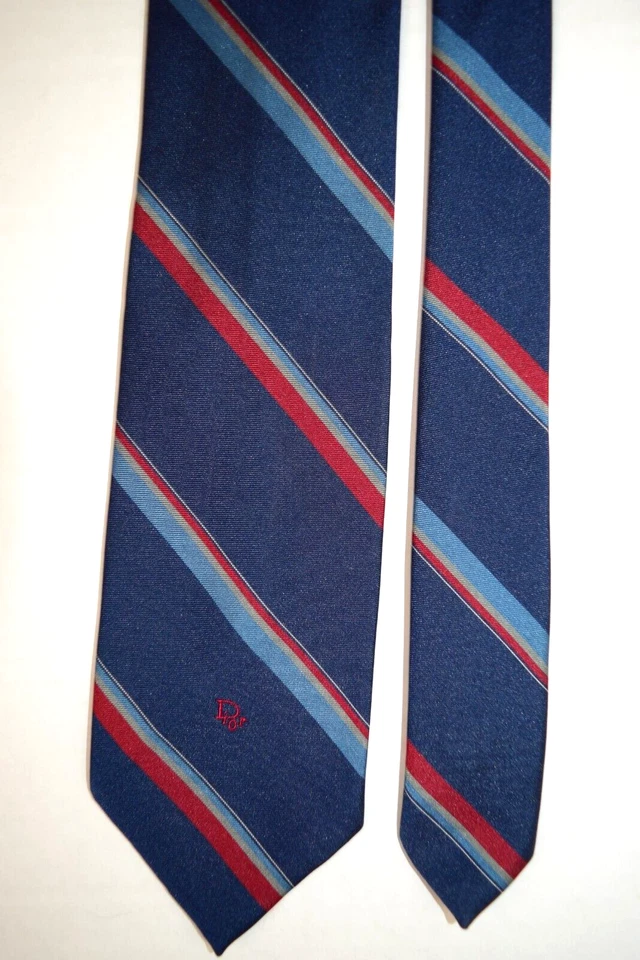 Corbata de Colección Christian Dior Años 60 70 Azul Rojo Rayas Mezcla Seda Corbata 57" x 3" Foto 4 de 4
