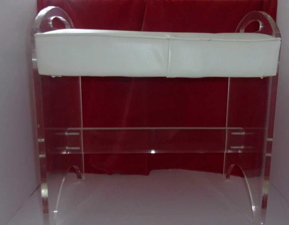 Lucite acrylic small vanity bench w white vinyl seat cushion vintage 80's VGUC - Image 3 of 4