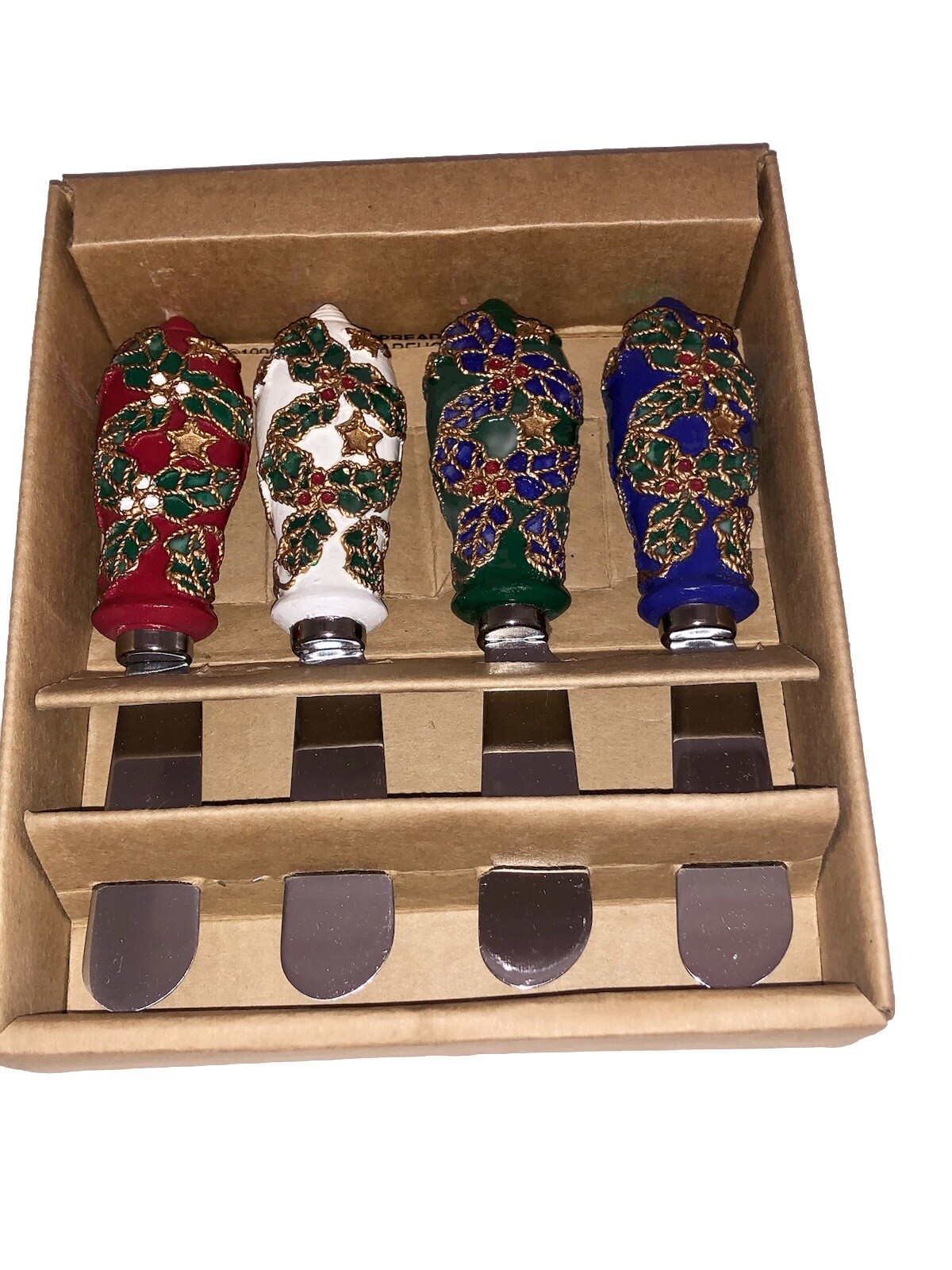 Vintage Boston Warehouse Spreaders Charcuterie set of 4 Knives Christmas Holly