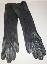 Vintage Black Long Leather Gloves With Floral Cutout Size XS