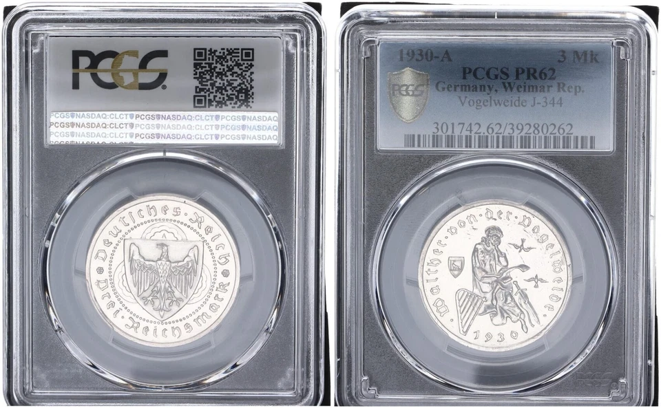 3 Reichsmark Vogelweide 1930 A PCGS PR62 Polierte Platte 109526 - Bild 1 von 1