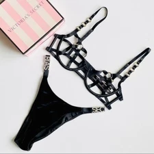 MEDIUM Victoria’s Secret black harness bra set velvet hardware brazilian panties