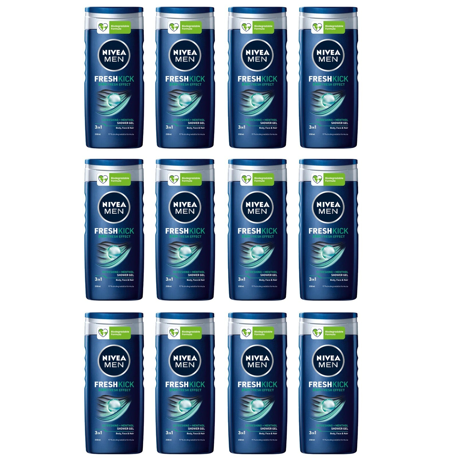 12pz NIVEA MEN FRESCH KICK gel doccia viso corpo capelli Menthol 250ml