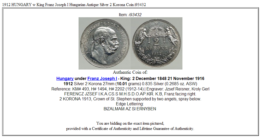 1912 HUNGARY w King Franz Joseph I Hungarian Antique Silver 2